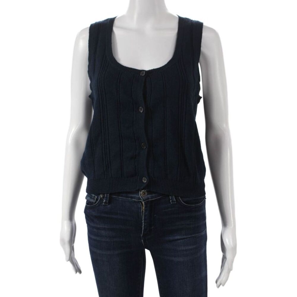 Demylee Women Sleeveless Scoop Neck Vest Blue Cotton Linen Size M